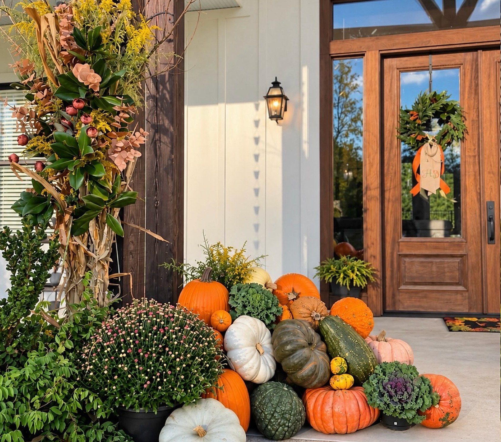 A front porch styled for fall with heirloom pumpkins, corn stalks and a wreath