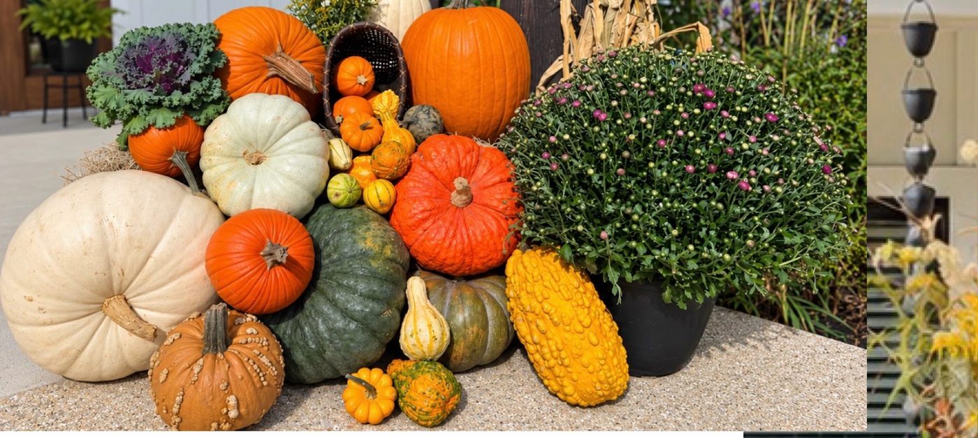 Heirloom pumpkins and gourds arranged on a stone ledge